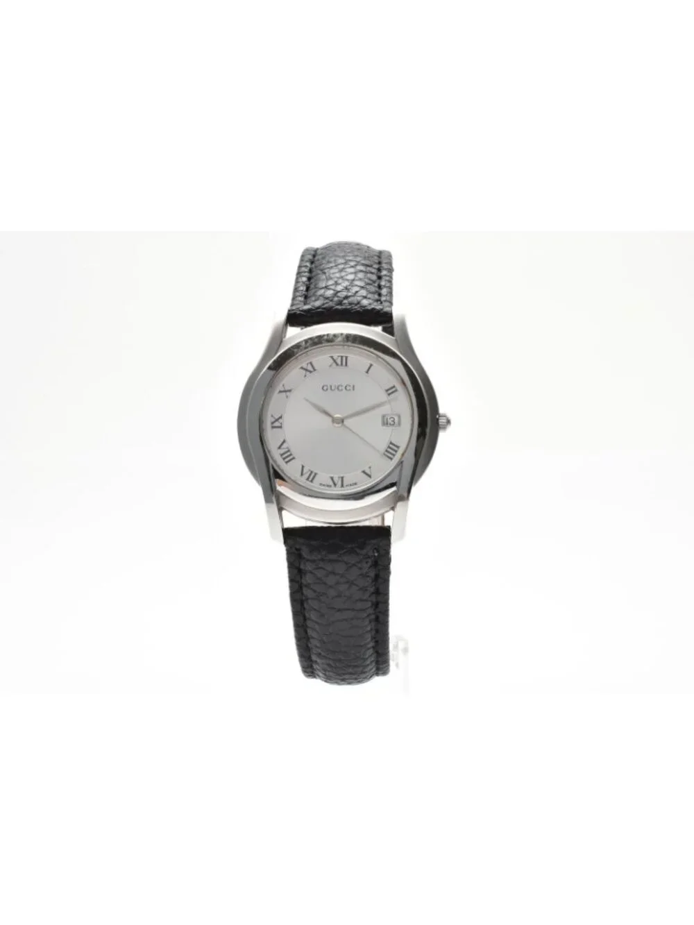 Gucci Quartz Watch Silver Dial Roman Numeral Date Display Stainless Steel Black